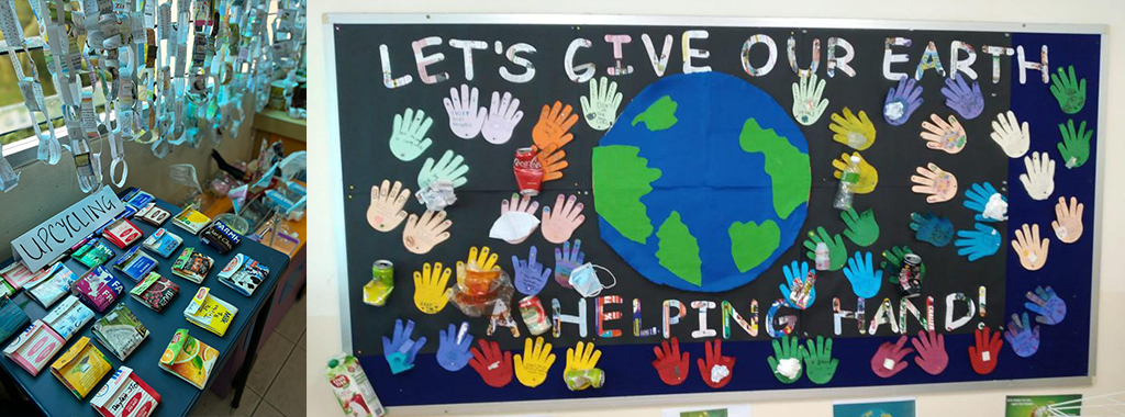 Display of students' upcycling projects and an environmental artwork promoting care for the Earth.
